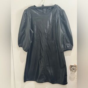 Black Faux Leather Puff-Sleeve Dress